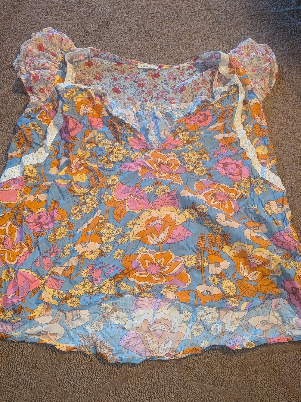 JODIFL Pink Orange Blue Floral Puff-Sleeve Blouse TOP SHIRT SMALL S SUMMER $68